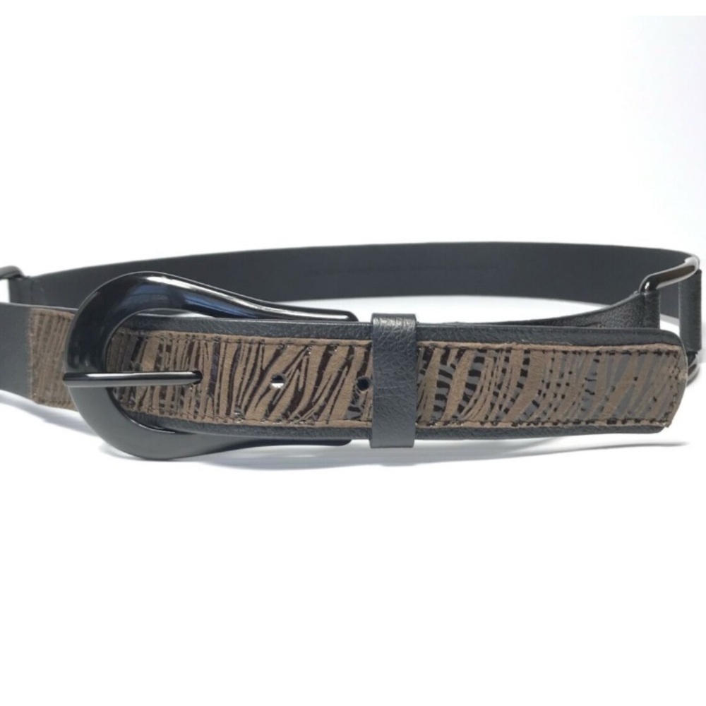 Chico's Women's Belt Medium Black Brown Leather Leopard Print Metal Accents - Picture 1 of 13